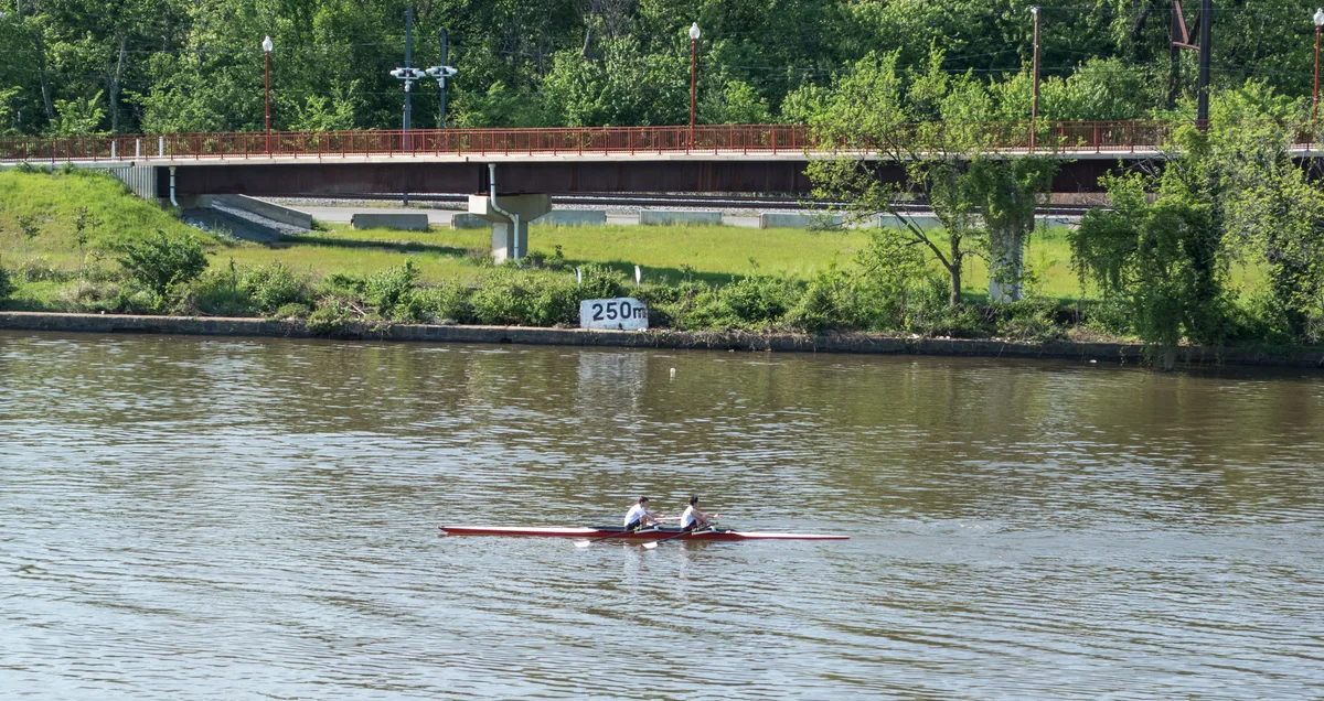 Two rowers in a long red shell glide across the Anacostia River, with their oars dipping into the rippled water. A red-railed bridge, grassy bank, and dense green trees line the far shore under bright daylight.