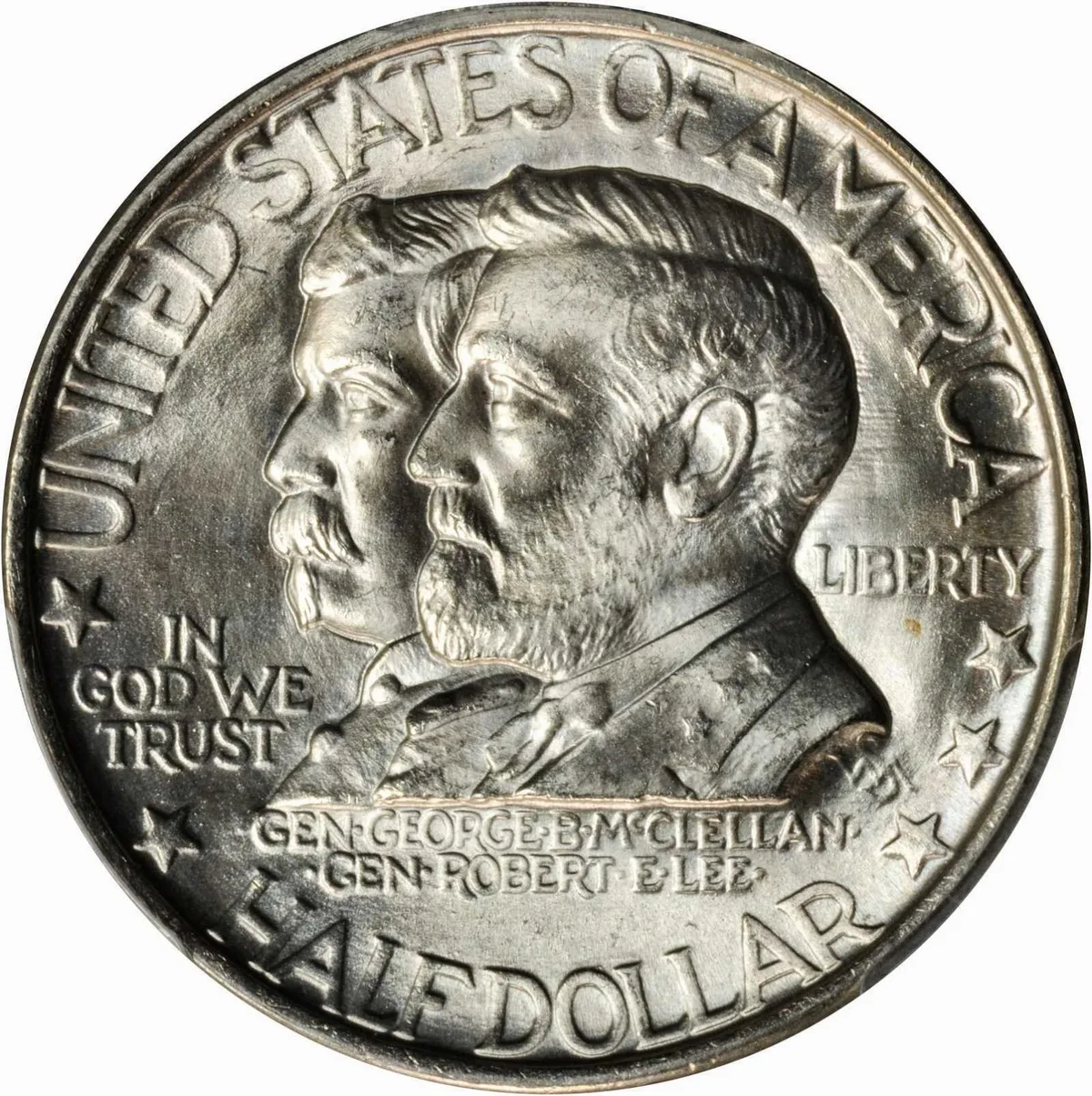 A close-up of a commemorative half dollar fills the frame, showing raised profiles of Generals George B. McClellan and Robert E. Lee with “UNITED STATES OF AMERICA” and “ANTIETAM” around the rim. The silver surface catches bright, even light, making the coin’s engraved text and details stand out crisply against a plain white background.