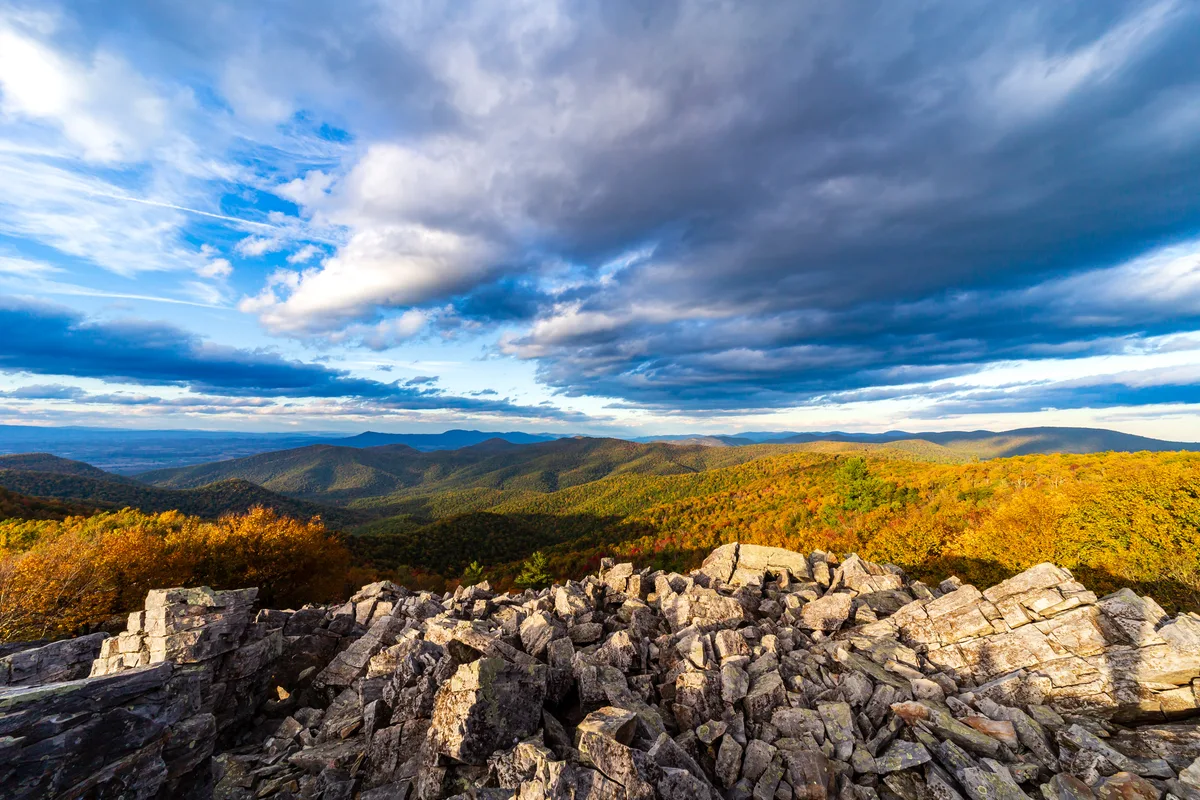 Jagged gray quartzite boulders fill the foreground of Blackrock Summit, with golden fall ridges rolling into the distance under a dramatic blue sky and thick, sunlit clouds. The wide overlook captures Shenandoah’s layered mountains in warm sunrise light.