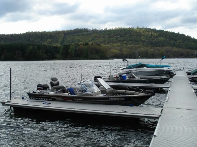 Docked motorboats line a gray floating pier on Deep Creek Lake, with rippled water in the foreground and a forested mountain rising across the lake. Overcast light softens the scene, muting the greens of the shoreline and hills.