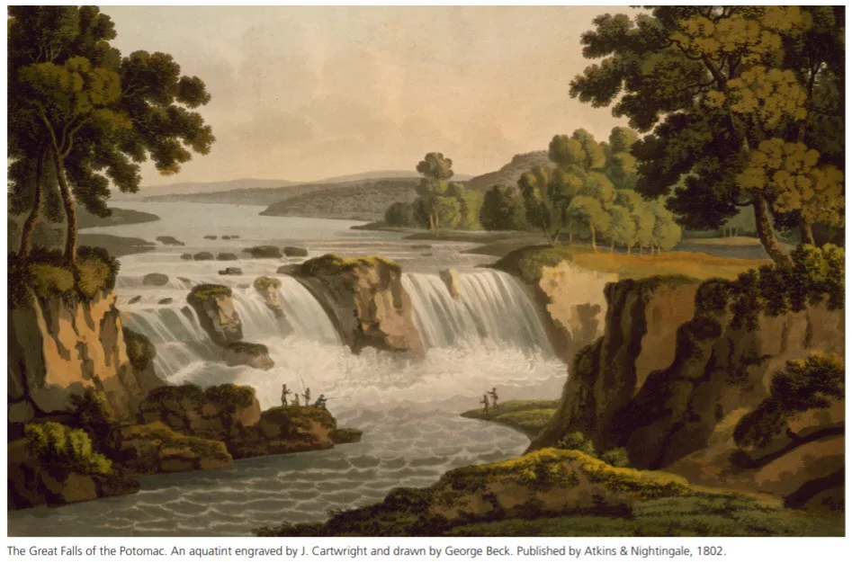 A broad 1802 aquatint shows Great Falls of the Potomac thundering over a wide rock ledge into a foaming gorge, framed by steep wooded cliffs and distant hills. Warm golden light softens the sky and highlights the trees and rocky banks around the cascading water.