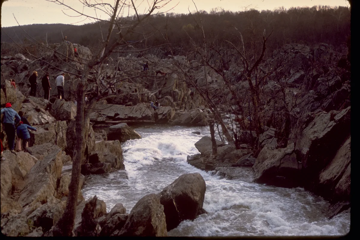 Golden-hour light washes over the rocky Potomac gorge as whitewater churns between jagged boulders and leafless trees. Small groups of people stand on the rocks at the overlook, watching the river surge below.