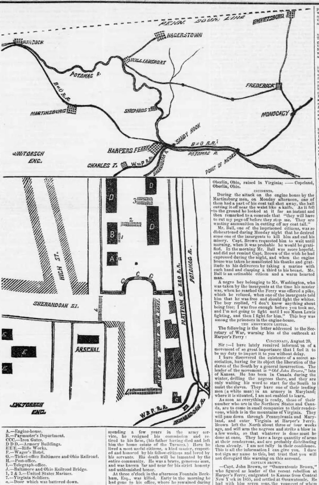 A black-and-white historical map of Harpers Ferry shows the meeting of the Potomac and Shenandoah rivers, with rail lines, roads, and labeled landmarks like the Arsenal, Jefferson Rock, and the town center. Dense blocks of text and small diagram insets fill the lower half, giving the page the look of an old Civil War-era reference print.