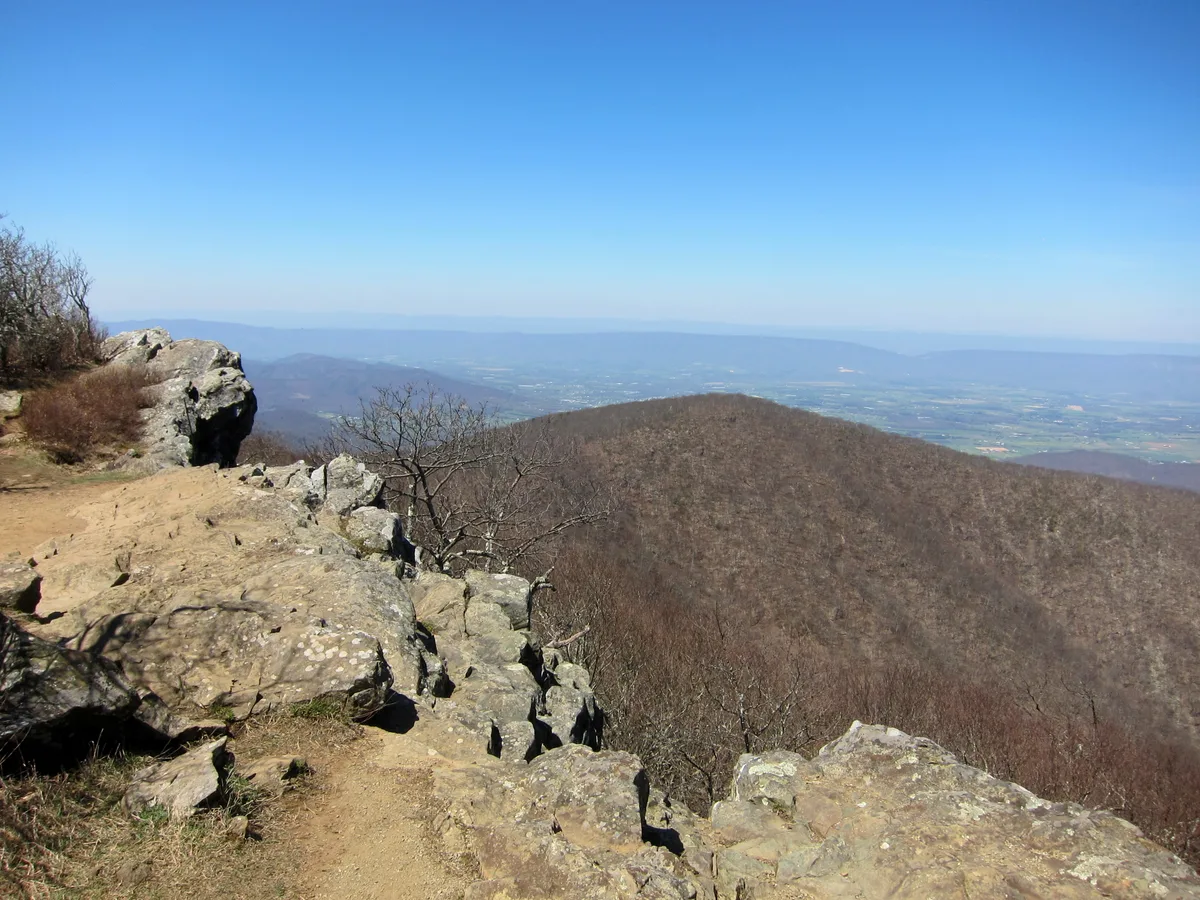 Rocky summit ledges and a narrow dirt path overlook a broad Shenandoah Valley panorama, with bare late-autumn trees in the foreground and blue ridgelines fading into the distance under a clear sky.