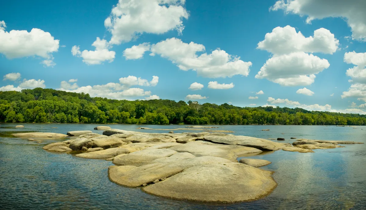 Wide, shallow James River water surrounds a cluster of smooth pale granite slabs and low rock islands, with a dense green tree line stretching across the far bank. Bright afternoon light and puffy white clouds reflect softly on the calm surface, giving the scene an open, summer feel.