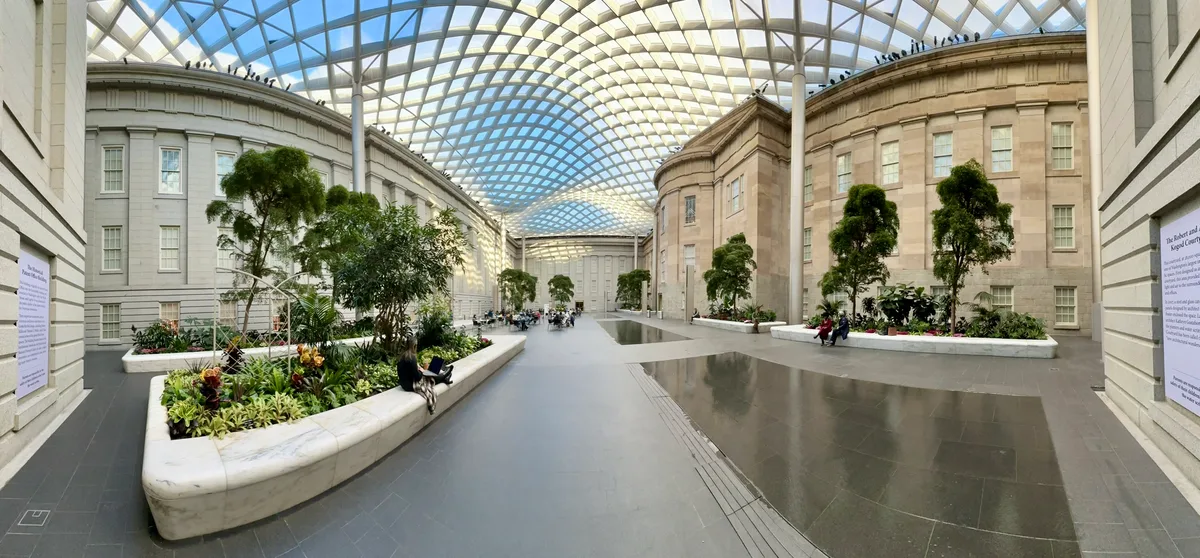 Kogod Courtyard stretches wide beneath a sweeping glass canopy, with curved museum façades, white planter beds, and small trees framing the open center. Midday light filters through the wave-like roof, casting a bright grid pattern across the floor and walls.