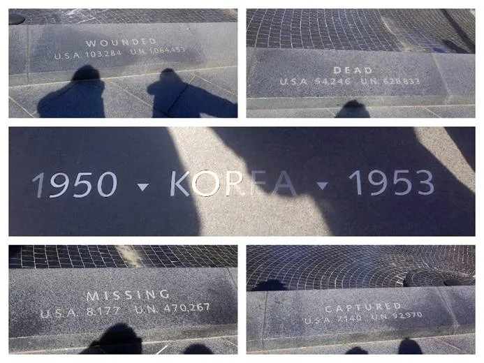 Collage of close-up granite inscriptions at the Korean War Veterans Memorial, including “1950 KOREA 1953,” “WOUNDED,” “DEAD,” “MISSING,” and “CAPTURED,” with long blue-hour shadows falling across the polished stone. The curved engraved wall and grid-like paving create a stark, reflective nighttime mood.
