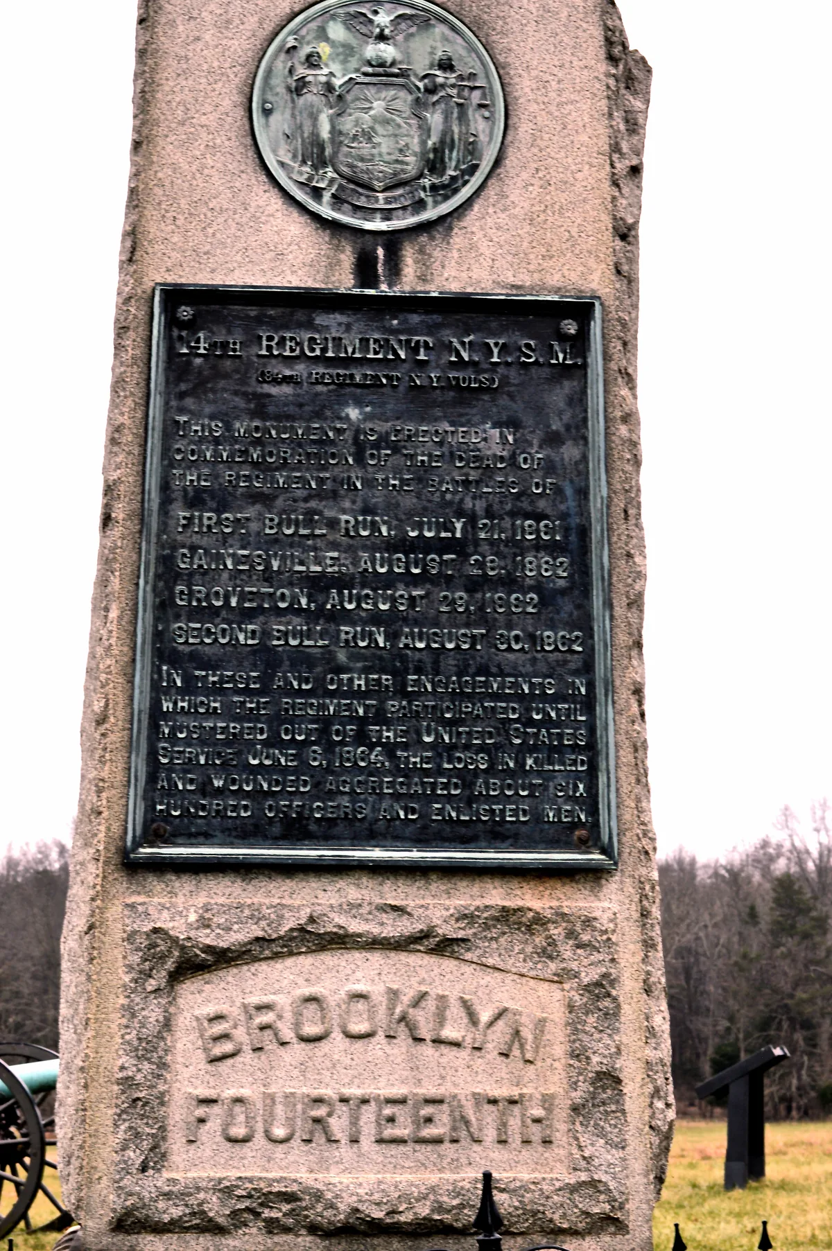 A tall granite Civil War monument fills the frame, with a dark bronze plaque for the 14th Regiment N.Y.S.M. and “BROOKLYN FOURTEENTH” carved near the base. Bare trees and a muted battlefield field sit behind it under an overcast winter sky.