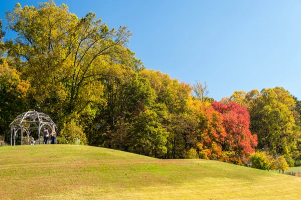 A bright autumn scene shows a grassy slope leading to a small white gazebo-like pavilion, with a few people standing inside. Behind it, trees glow in shades of green, gold, and red under a clear blue midday sky.