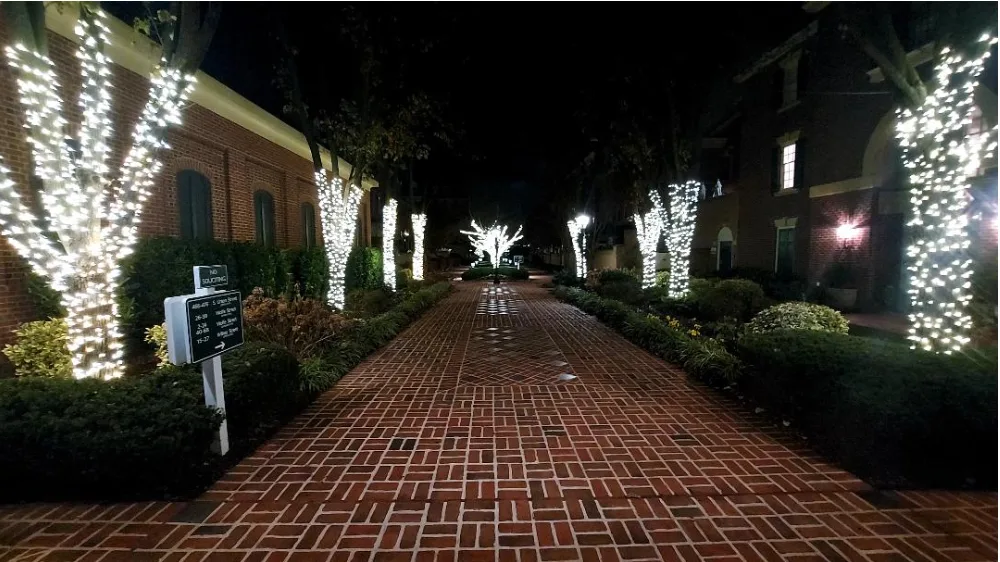 Brick pedestrian walkway at night, lined with trees wrapped in white Christmas lights and flanked by brick rowhouses and trimmed shrubs. The glowing path leads straight toward a brighter tree in the distance, with wet-looking bricks reflecting the lights.