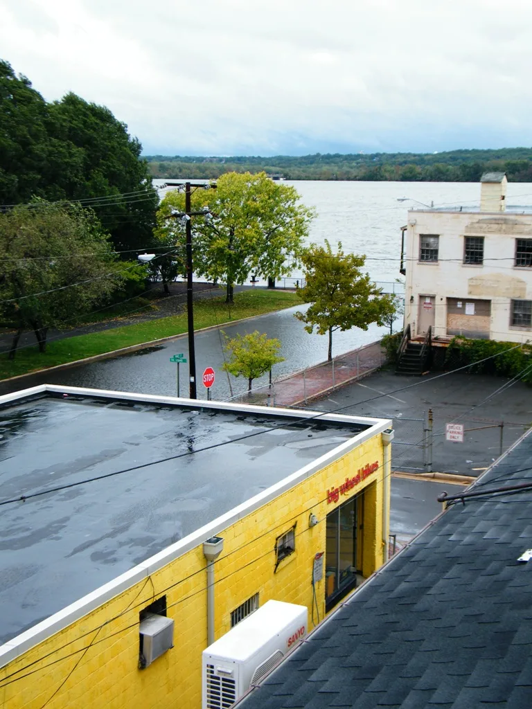 A rainy waterfront street in Old Town Alexandria looks out over the Potomac, with wet pavement, leafy trees, and a cream-colored building at the corner. The river and wooded far shore sit under a pale, overcast sky, while a bright yellow storefront roof fills the foreground.