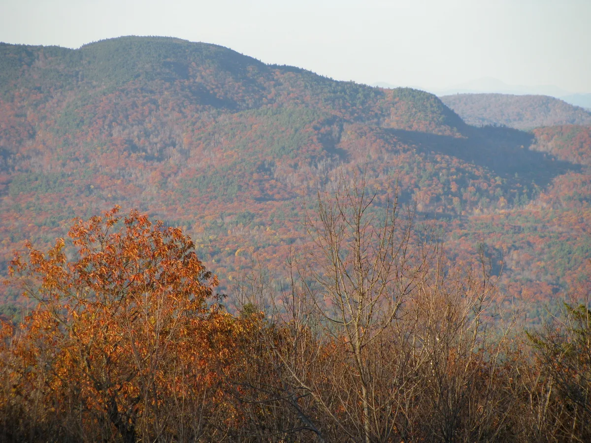 Sunlit autumn ridges rise in layers of blue-green and rusty orange, with bare branches and a few glowing trees filling the foreground. The hazy morning light softens the distant mountains and gives the scene a quiet, expansive feel.