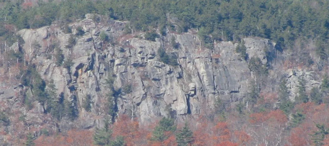 A sheer gray rock bluff rises above the reservoir edge, streaked with cracks and dotted with small evergreens clinging to the ledges. Autumn-tinted hardwoods in the foreground add rusty reds and oranges beneath the rugged cliff.