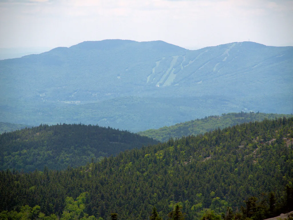 Layered blue-green mountain ridges stretch across the frame, with a darker, forested foreground and a hazy peak in the distance under pale morning light. The scene feels quiet and expansive, with soft atmospheric mist flattening the far hills.