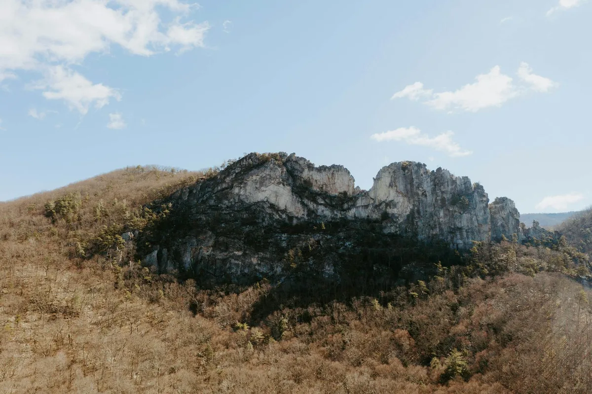 Steep gray rock cliffs rise above a wooded hillside, with dark shadows across the forested slopes beneath a pale blue sky. The scene feels remote and rugged, with bare early-season trees stretching across the valley below.