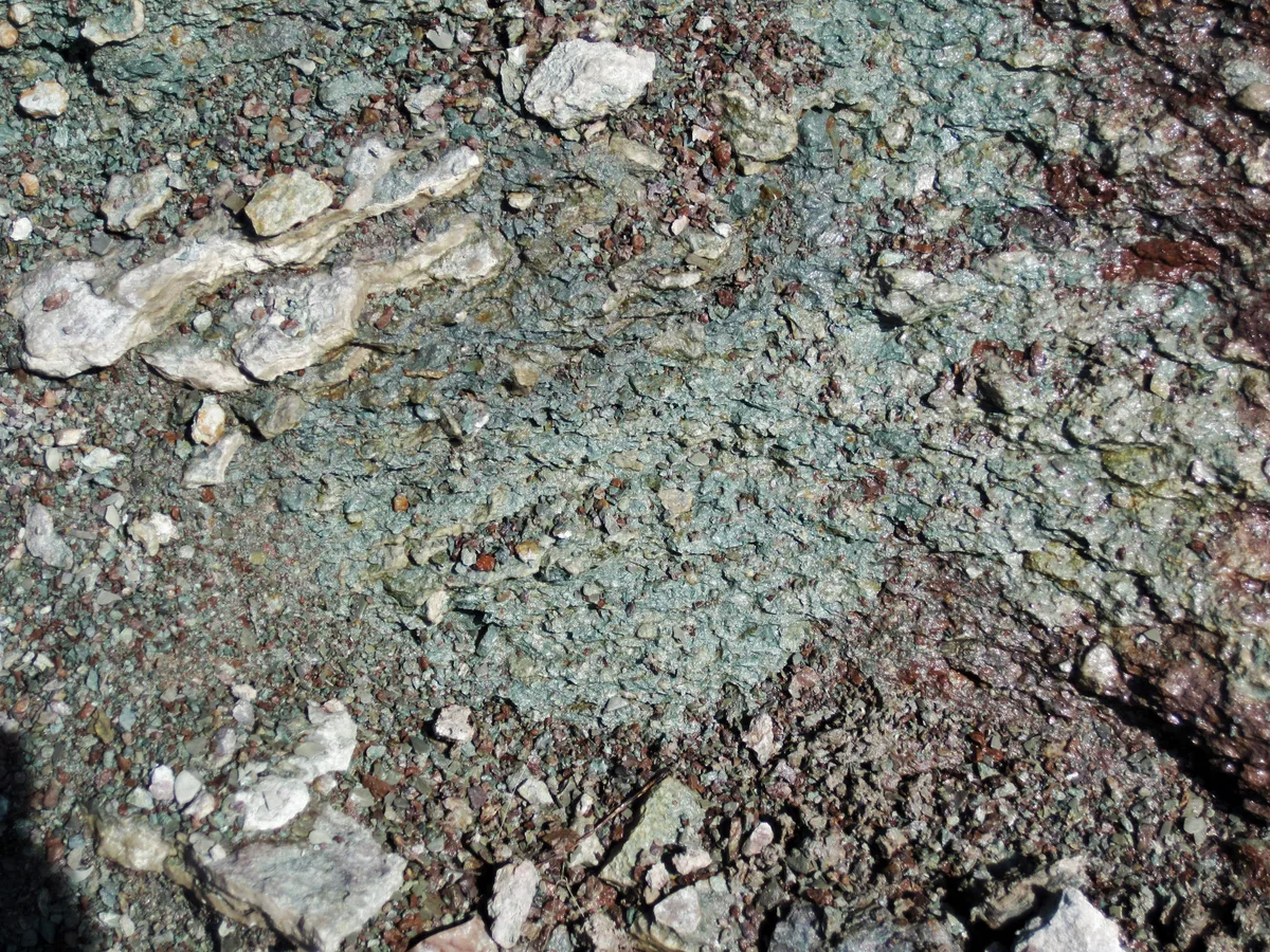 Close-up of a rough, greenish-gray rock surface speckled with small reddish grains and scattered pale white clasts. The texture is uneven and weathered, filling the frame with layered mineral patterns and cracks.