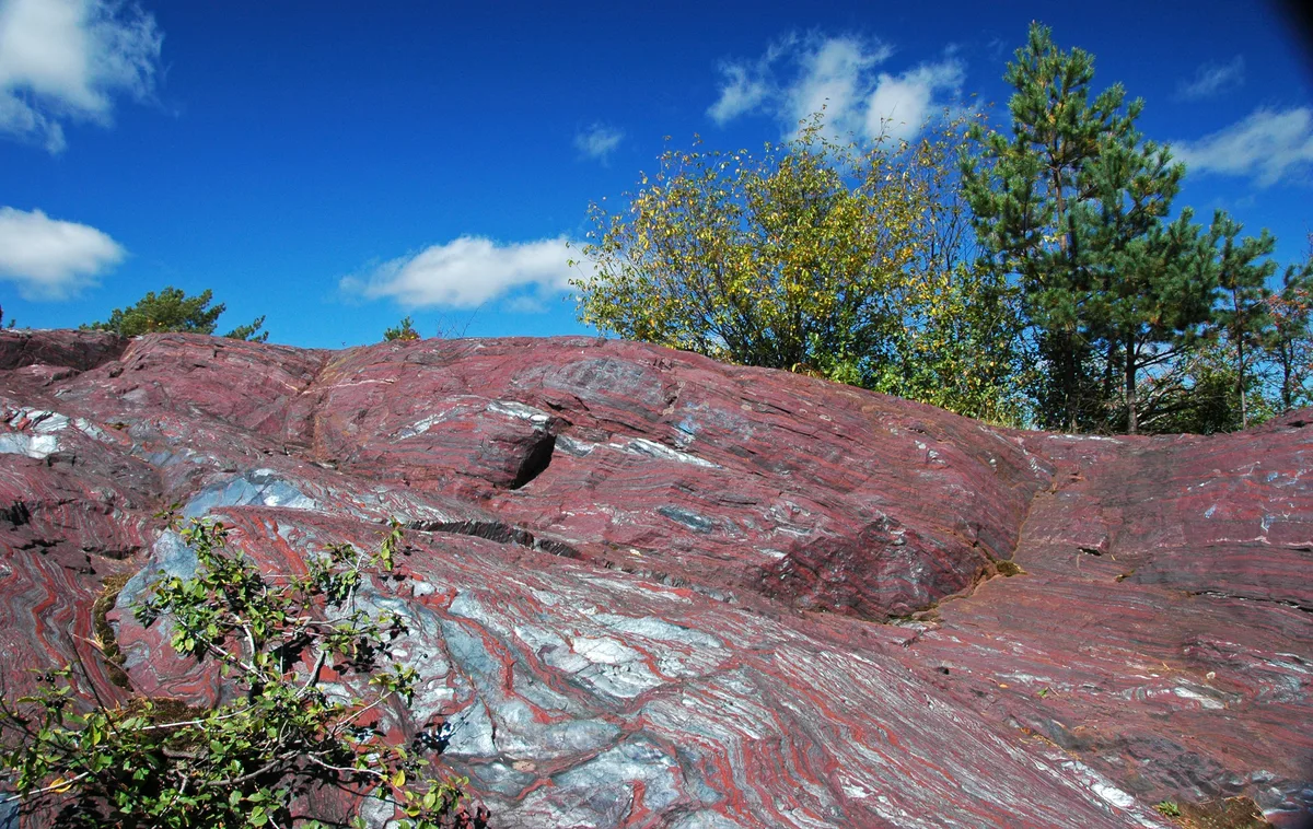 Sunlit red and gray banded rock fills the foreground, its smooth, striated surface rising toward a few wind-shaped trees along the ridge. Above it, a vivid blue sky with scattered white clouds gives the scene a bright, open summit feel.