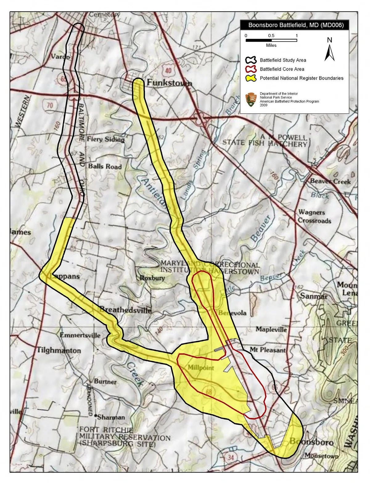A topographic map of the Boonsboro Battlefield area shows the battlefield study area outlined in black, the core area in red, and potential National Register boundaries shaded in yellow. Labels for nearby roads, towns, and landmarks like Funkstown, Beaver Creek, and Boonsboro appear alongside a north arrow and scale bar.