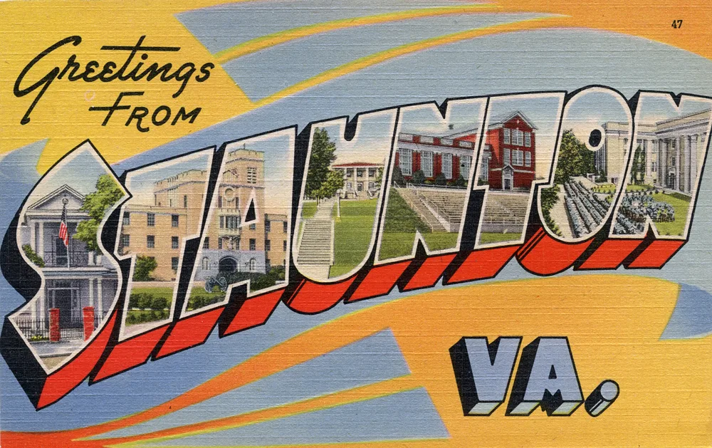 Vintage postcard-style lettering spells out “Greetings from Staunton, VA” across a bright yellow and blue background, with each oversized letter filled by small views of historic downtown buildings and streetscapes. The design has a retro mid-century feel rather than a single photo of the town.