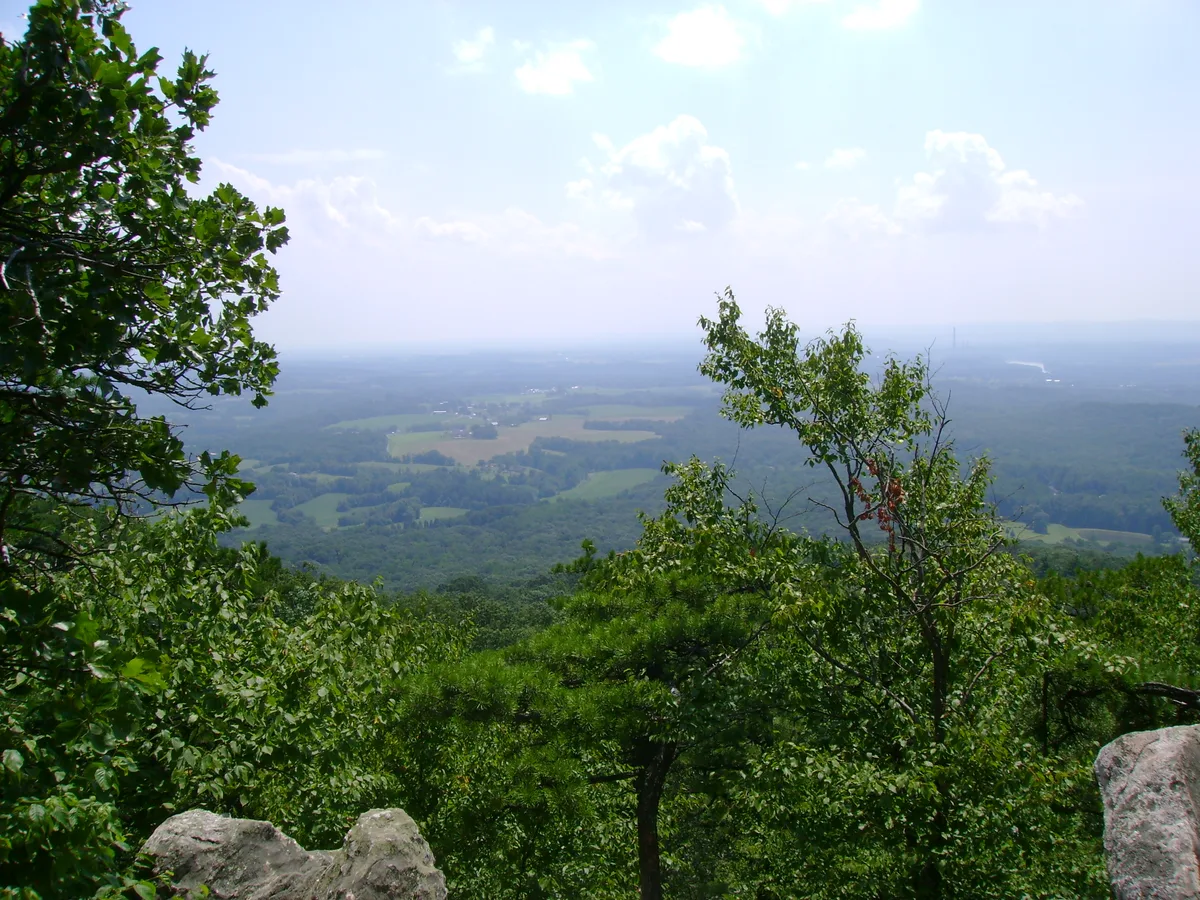 Green trees and gray rock frame a sweeping view from Sugarloaf Mountain over the patchwork Monocacy Valley, with rolling farmland fading into hazy Blue Ridge foothills. Bright golden light and a pale blue sky with scattered clouds give the panorama a soft summer feel.