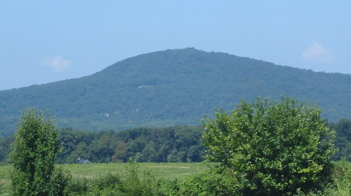 A broad summer view from Sugarloaf Mountain shows a forested monadnock rising above the Monocacy Valley, with a hazy blue ridge line under a clear sky. Green trees and fields fill the foreground, framing the mountain’s rounded summit.