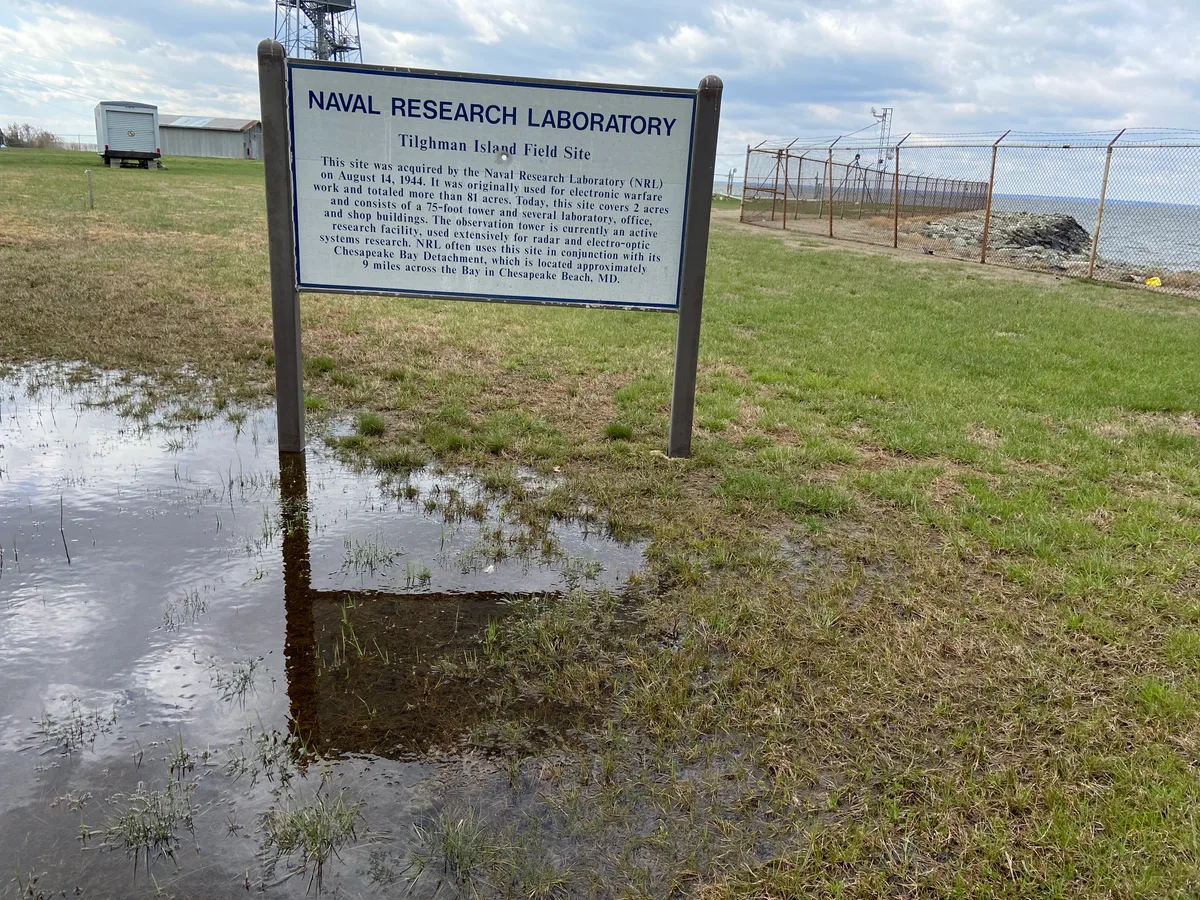 A weathered sign for the Naval Research Laboratory’s Tilghman Island Field Site stands in a grassy, waterlogged clearing beside a chain-link fence and the Chesapeake shoreline. Puddles in the foreground reflect the sign under a bright, cloudy sky, with a tower and low buildings in the distance.
