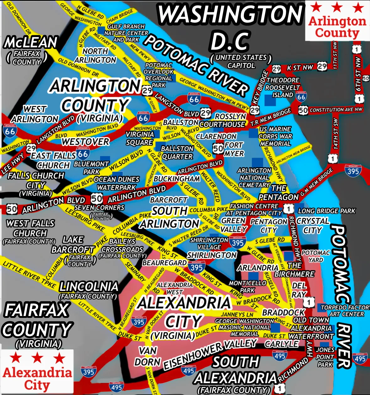 A colorful map of Arlington, Alexandria, and Washington, D.C. fills the frame, with bold labels for neighborhoods, highways, and landmarks like the Potomac River and the Pentagon. Bright red, yellow, blue, and black route lines trace the region’s road network across the stylized layout.