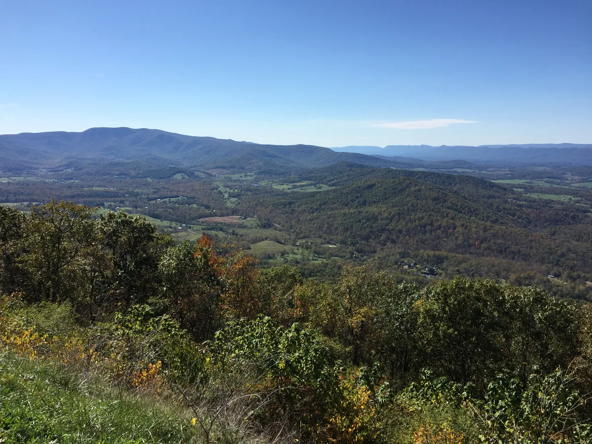 Wide view from a mountain overlook across the Shenandoah Valley, with layered blue ridges fading into the distance under a clear sky. Green forested hills and patchwork farmland fill the valley floor, framed by sunlit trees and grasses in the foreground.